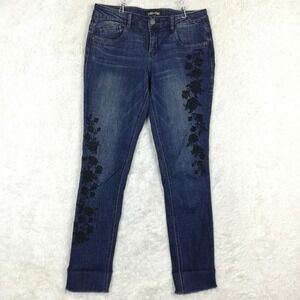 Mac And Me Womens Jeans Embroidered Skinny Blue Denim Floral Roses Raw Hem Mid 4